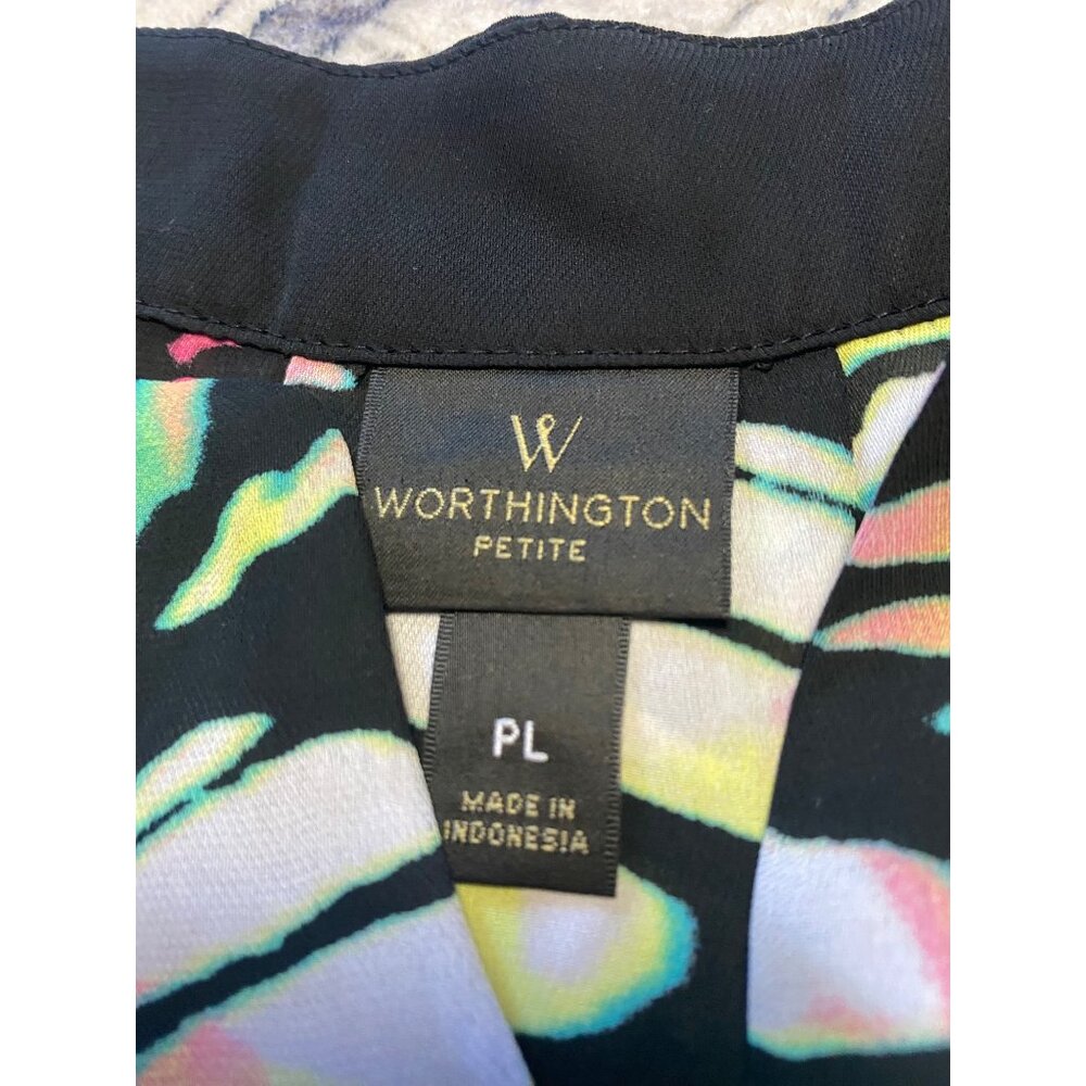 Worthington Petite Large Womens Multicolor Abstract Print Short Sleeve Blouse PL - Picture 2 of 6